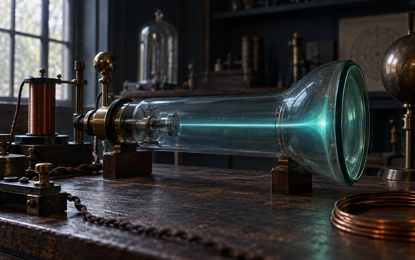 A vintage glass cathode-ray tube on a wooden laboratory bench, a thin blue-green beam glowing inside it